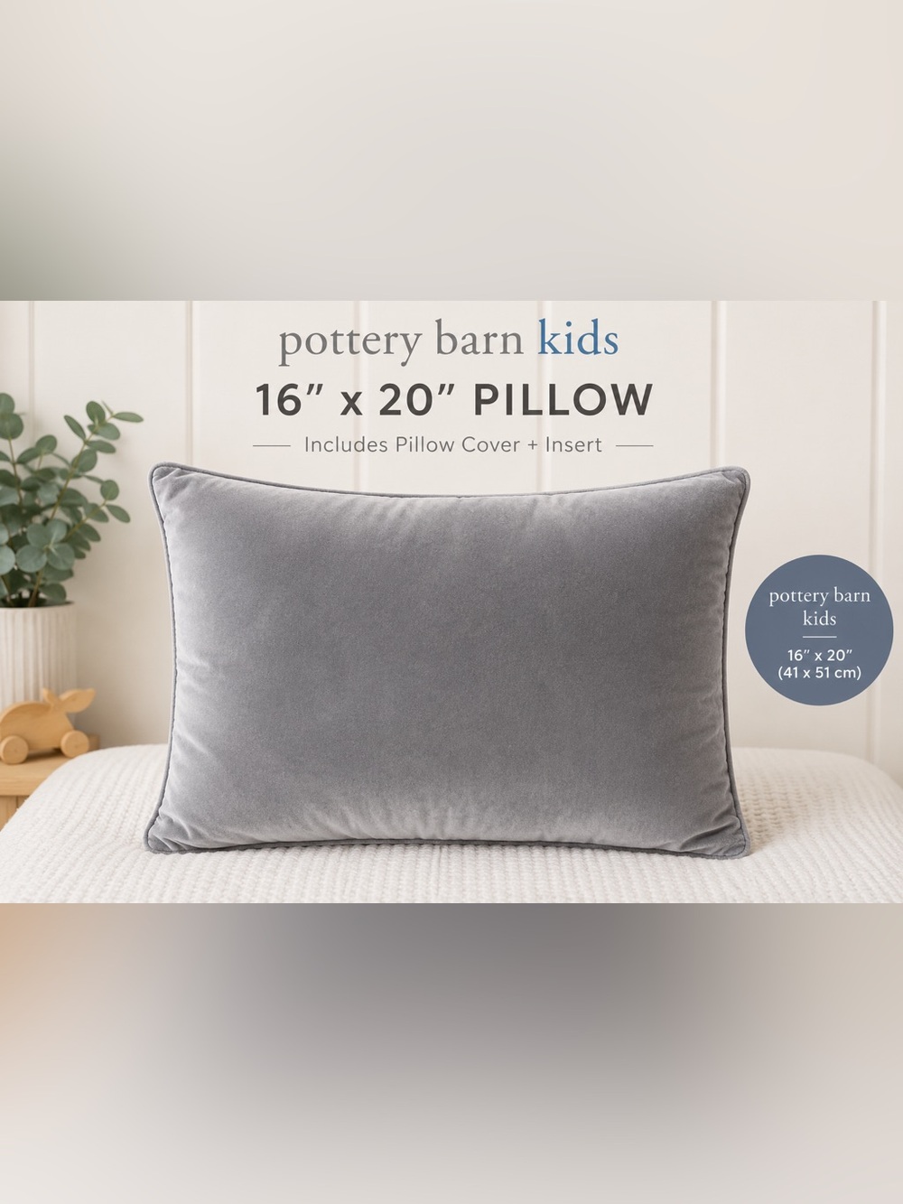 Pottery Barn Kids 16x20 Gray Velvet Pillow Cover + Insert PBK